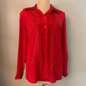 Chic Vintage Embroidered Red Button Down Blouse for Women